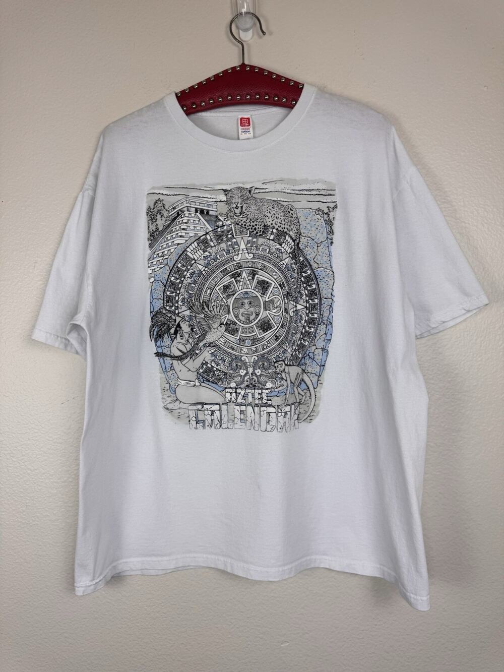 Vintage Unisex Aztec Calendar Graphic Tee T-Shirt Cotton White Blue Gray Large